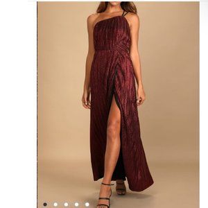 Lulus Get to the Groove Shiny Red Pleated One-Shoulder Maxi Dress